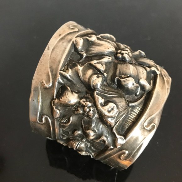 Art Nouveau Sterling Silver Floral Cuff Bracelet 925 Repoussé Victorian Wide - Picture 8 of 9